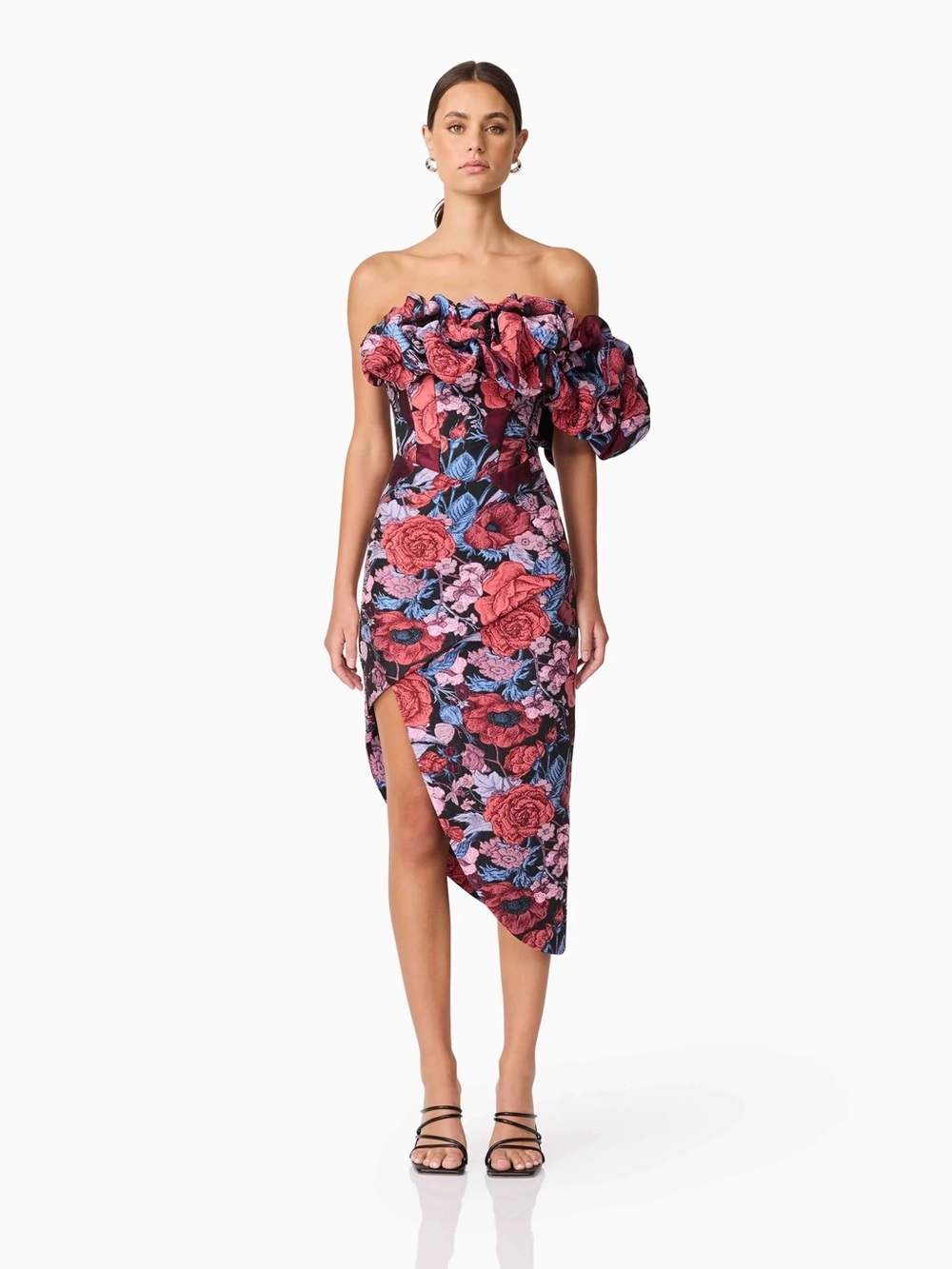 Elliatt Delphine Off Shoulder Midi Dress in Pink & Black Floral Jacquard Medium
